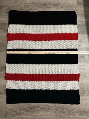 Handmade Black, White & Red Striped Crochet Blanket